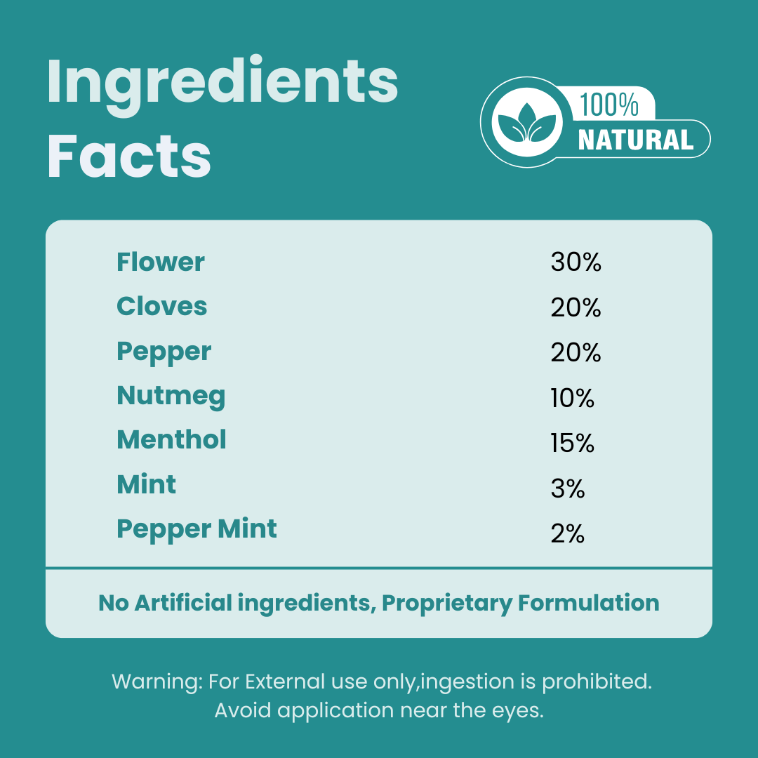 A list of 100% natural ingredients, including various flowers and spices, implying a formulation that could be used in a herbal or aromatherapy inhaler